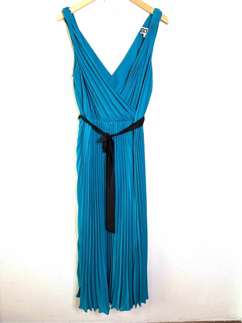 Pleated V-Neck Teal Maxi Dress Black tie belt evening wedding guest 1x gown